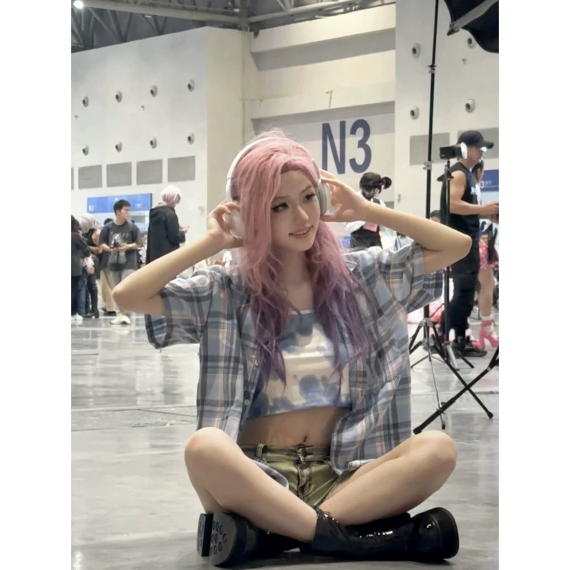 Синяя клетчатая рубашка для женщин, весна-лето 2024, многослойная верхняя одежда, дизайнерская нишевая модная верхняя рубашка, летняя рубашка с короткими рукавами