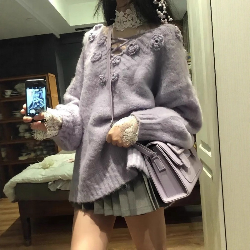 套装女2025秋冬季韩版辣妹V领针织毛衣上衣内搭镂空蕾丝衫两件套|undefined