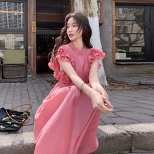 玫粉色小飞袖连衣裙女中长款2025夏季新款收腰显瘦风情万种衬衫裙