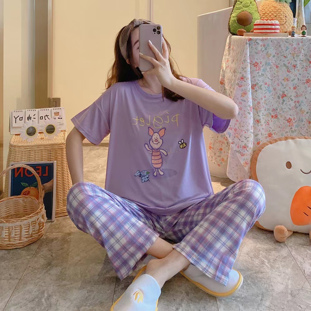 女性のためのパジャマ夏半袖韓国スタイル春と秋のかわいいズボン薄い 2025 ルーズホーム服セット大きいサイズ漫画