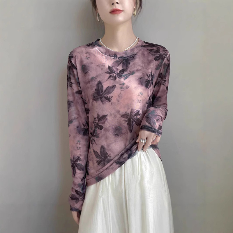 春夏新款水墨晕染网纱印花打底衫女时尚显瘦长袖T恤上衣|undefined