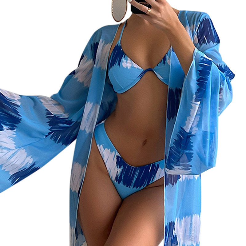 Nieuwe, bedrukte, zonwerende strandstalen driedelige set met meerkleurige cover-up, mesh bikinizwempak_voghion.com
