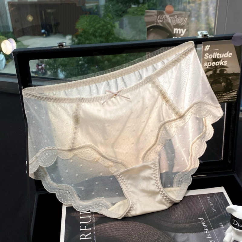 Ultra-Thin Seamless Women's Panties, Ice Silk Lace Mid-Waist Underwear, Skin-Friendly Breathable Polka Dot Mesh Hip-Hugging Silk Panties
