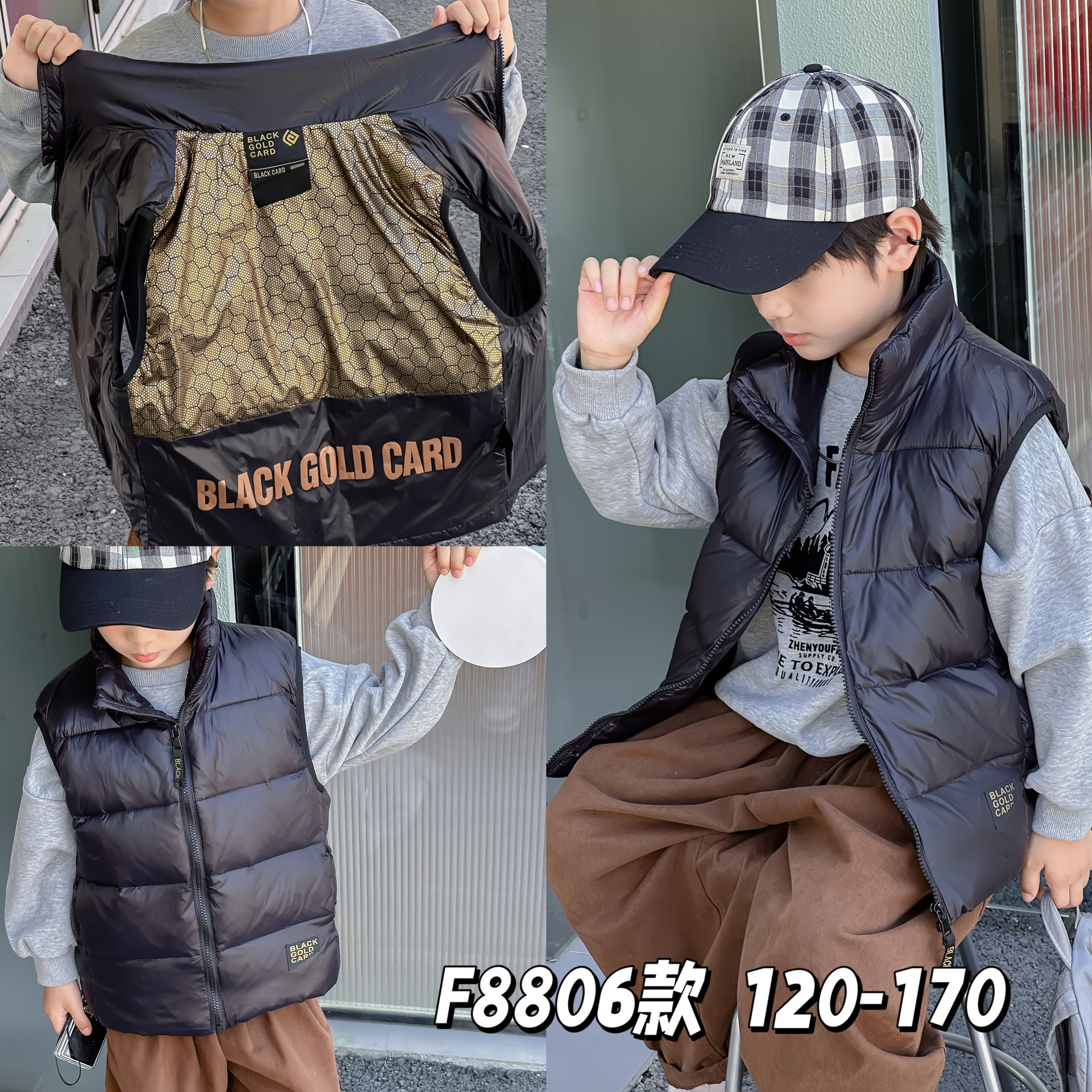 2024 New Autum Kidsren's Black Gold down Silk Vest for Men and Women, Medium and Large Kidsren's Outer Wear Stand-Up Collar Vest to Keep Warm