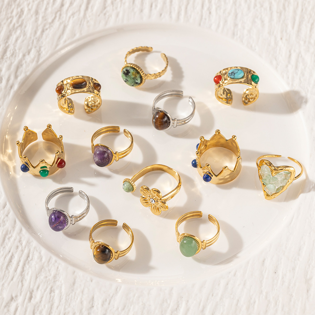 Anillo de acero inoxidable europeo y americano de Tena, lujo ligero, sentido de alta calidad, piedra natural con incrustaciones de anillo de acero de titanio, joyería de nicho femenina