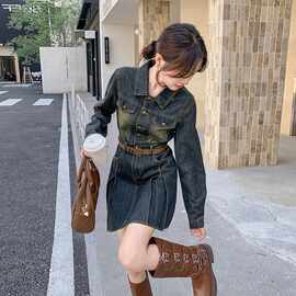 深蓝色长袖牛仔连衣裙女2025春季复古小个子设计感收腰显瘦衬衫裙