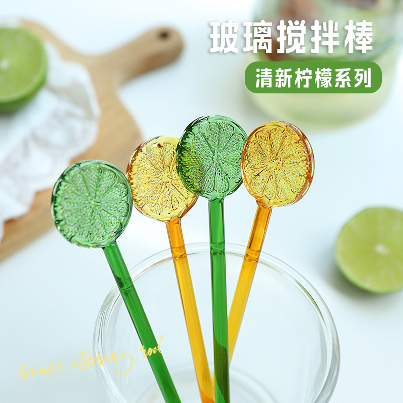 New Creative Small Fresh Lemon Slice Shaped Glass Stirring Stick Long Handle Juice Coffee Milk Glass Stirring Stick