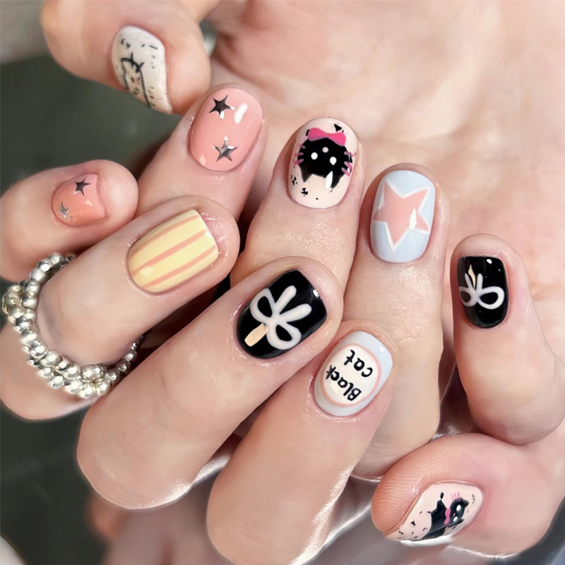Nail Patch Wear Nail Summer Sweet Cool Style Nail Patch Cat Star Bow Fake Nail Short Removable Nail Patch Wear Nail Summer Sweet Cool Style Nail Patch Cat Star Bow Fake Nail Short Removable