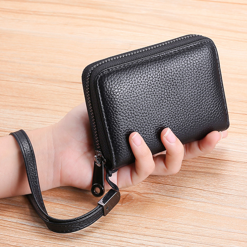 Genuine card bag with wrist strap for women's ID card bag, anti-lost large-capacity card holder, cowhide leather card holder for men, anti-degaussing