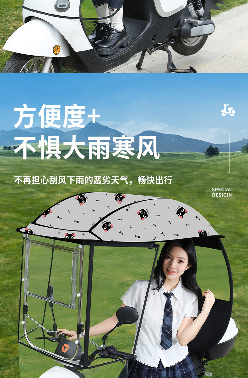Electric Vehicle Canopy, Enclosed Car Cover, Windproof, Rainproof, Sun Protection, Cartoon Double-Sided Printed Design, Universal Sunshade for Electric Bikes