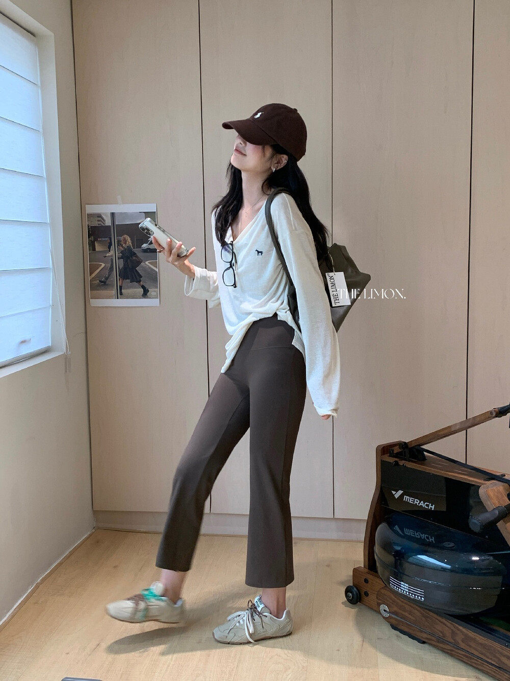 Quần legging yoga nữ cạp cao ống loe nhẹ dài 7 phân co giãn — màu đen, Màu cà phê, Xám khói chi tiết 22