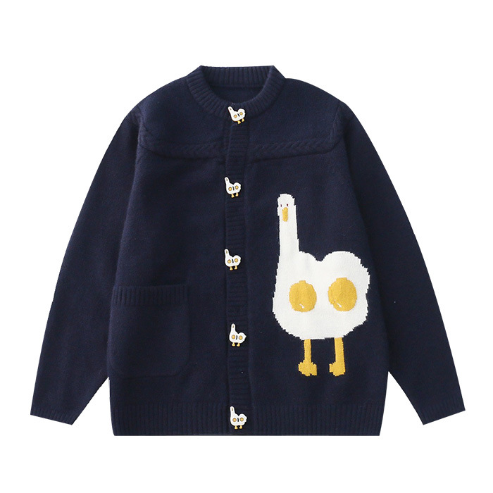 2024 New Autumn and Winter Retro Cute Big White Goose Sweater Knitted Cardigan Jacket for Women Sweet Loose Versatile Top