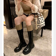 批发加绒不过膝长筒靴女黑白拼色骑士靴厚底粗跟长靴后拉链高筒靴