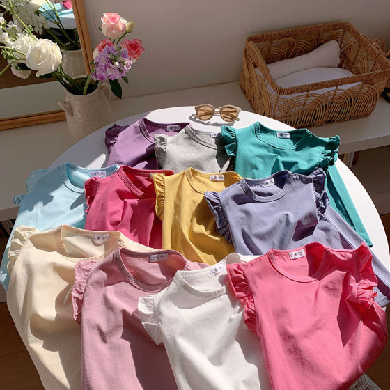 Girls' Ruffled Short-Sleeve 2025 Summer Thin Girls' Flutter Sleeve Vest Top Little Princess Candy T-Shirt