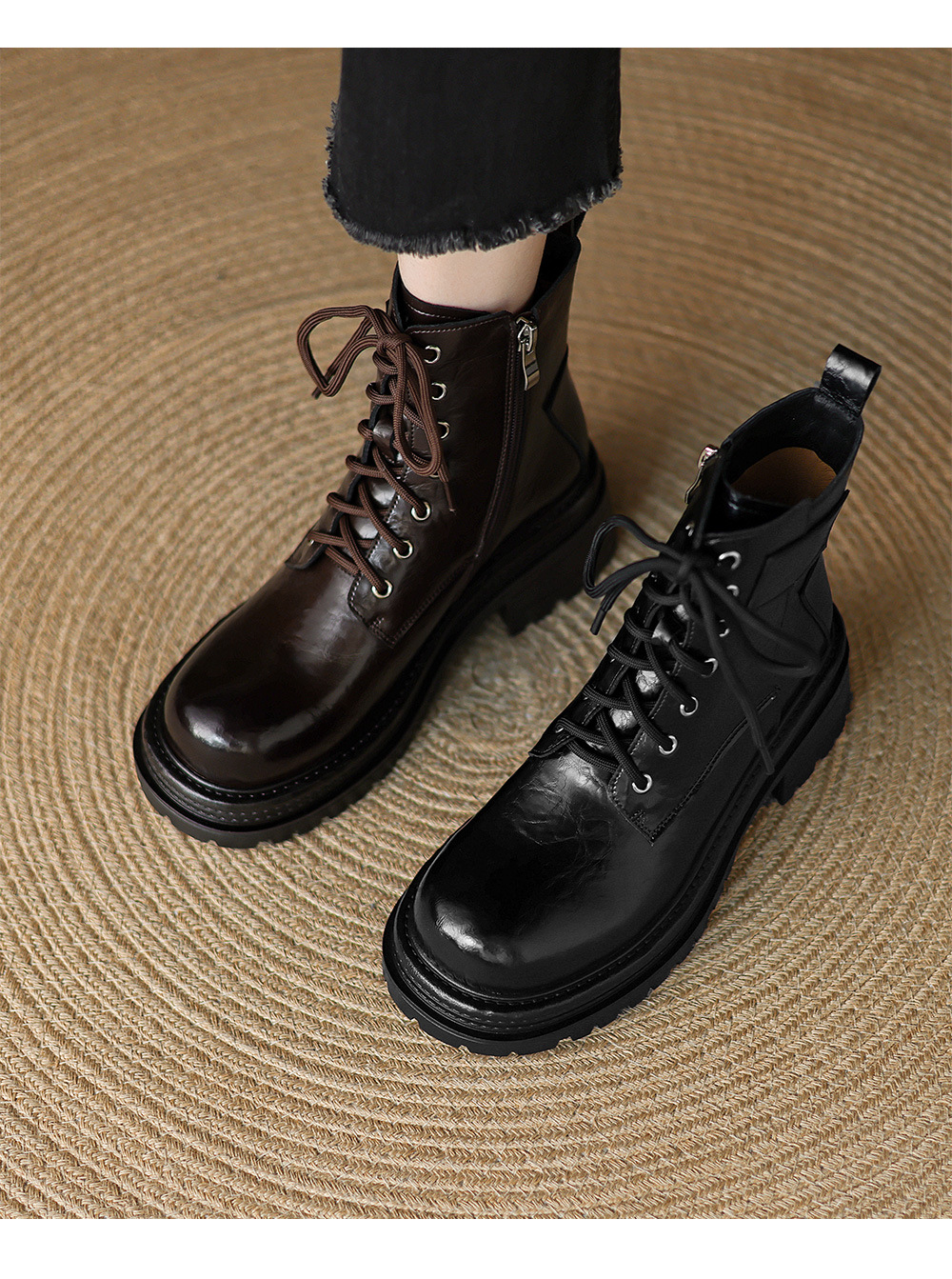 Boot Martin nữ gót dày buộc dây đế tăng chiều cao phong cách Maillard thu đông 2025 — Lớp lót nhung đen, Nhung nâu, Lớp lót đơn màu đen, Lớp lót đơn màu nâu chi tiết 8
