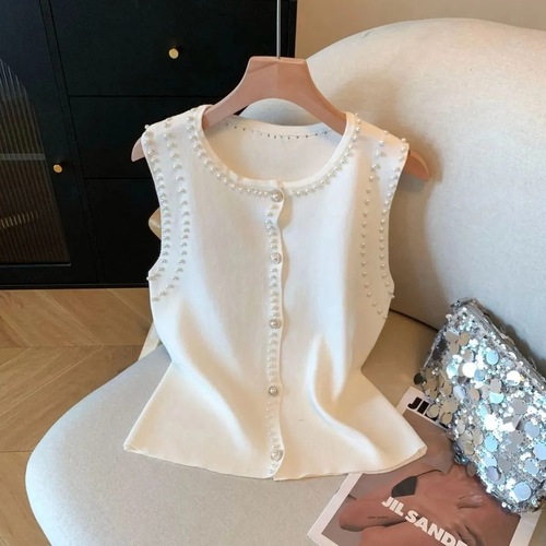 French-style elegant and graceful thin design beaded cardigan vest fashionable sleeveless knit top