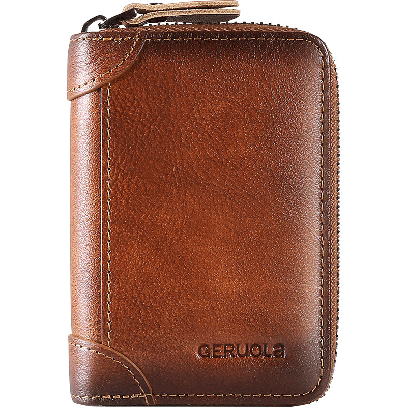 Tarjetero para hombre de gran capacidad, posición de múltiples tarjetas, primera capa de pulir, piel de vaca, exquisito bolso con cremallera de órgano de cuero de alta gama, tarjetero