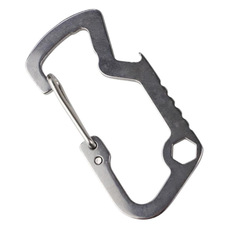 Fábrica de ángulo pequeño tiburón EDC multifuncional tipo D hebilla de acero inoxidable mosquetón abrebotellas gancho de resorte hebilla colgante rápido