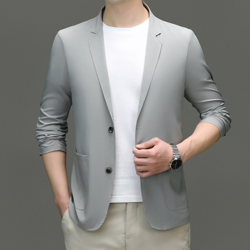 2024 Men's Suit Sun Protection Clothing Ice Silk Suit Collar Long Sleeve Thin Jacket for Young and Middle-Aged People Light Gray Dark Gray