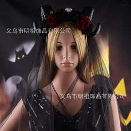 2024新款万圣节骷髅头纱发饰  哥特风黑红玫瑰恶魔角cosplay发箍