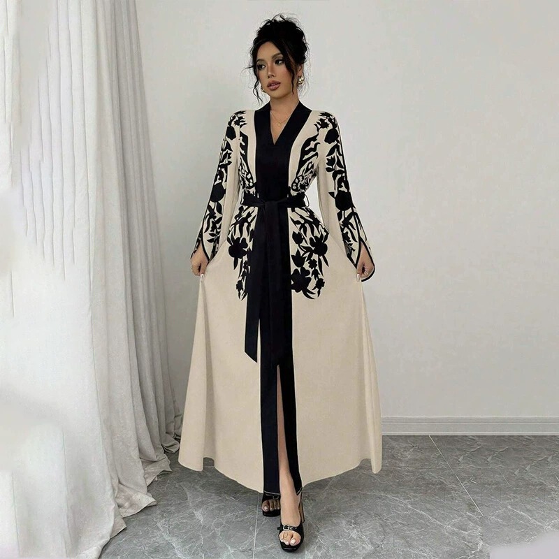 Women's V-Neck Bell-Sleeve Robe, Long Cardigan, Printed Tie-Waist Dress