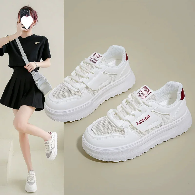 Women’s platform sneakers, breathable mesh, Korean style, white/black/red, EU 35–40