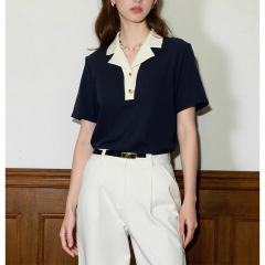 2025 夏のハイエンドコントラストカラーポロカラー半袖 Tシャツ女性のファッションスリム通気性トップ