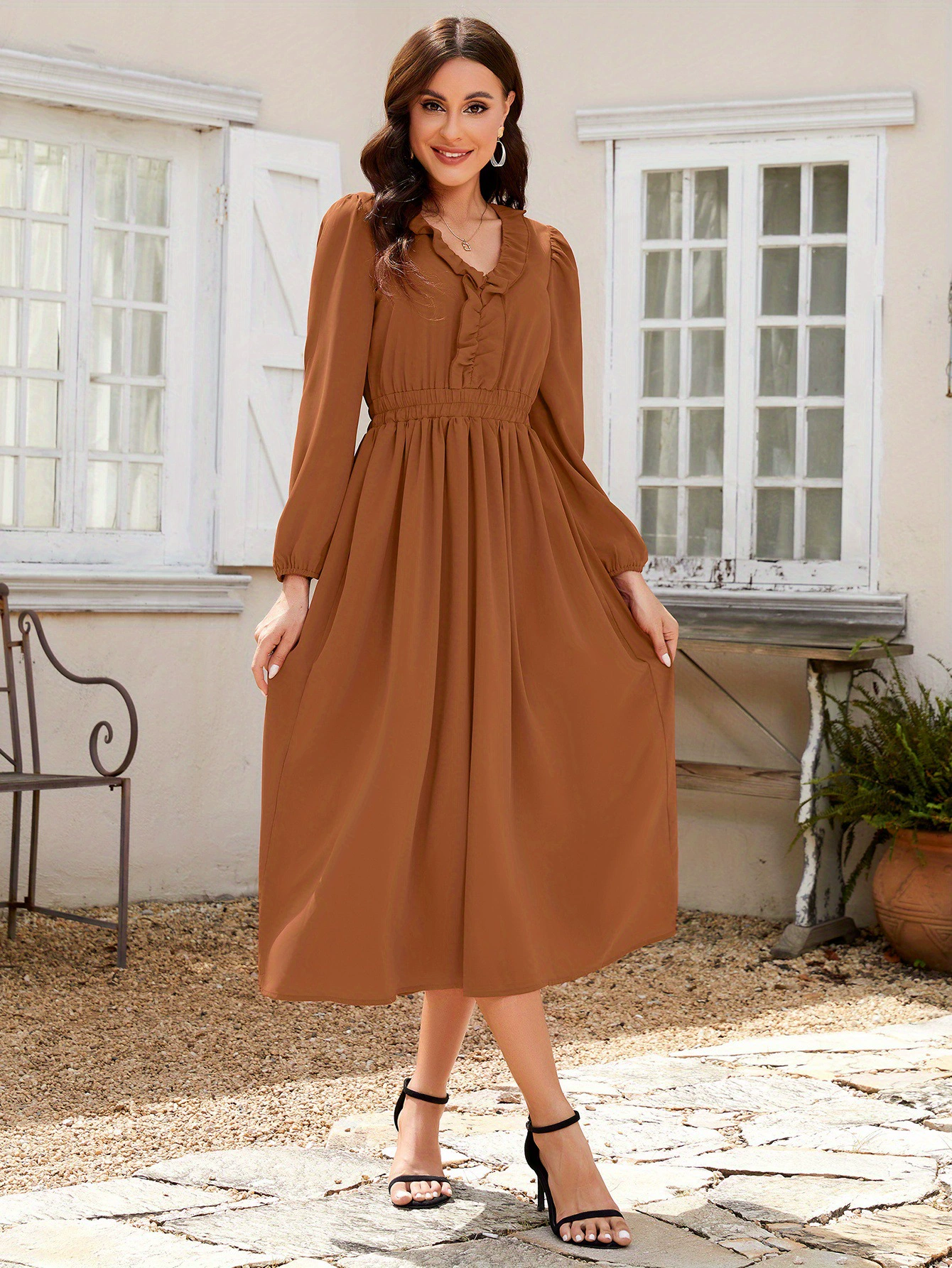 Elegant Light Blue Midi Dress for Women V Neck with Ruffle