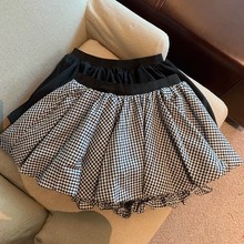 跨境格子花苞半身裙女夏季小个子高腰A字半裙辣妹防走光蓬蓬短裙