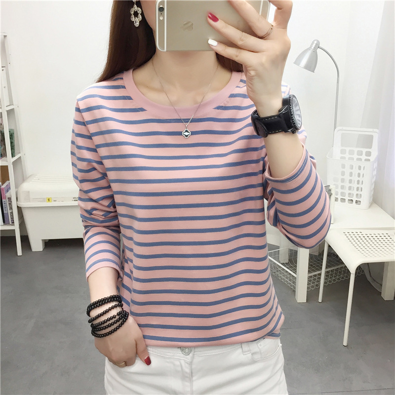 Autumn 2024 New plus size Loose Slimming Long Sleeve T-shirt Women's Autumn Clothes Outer Wear Striped Base Shirt Top