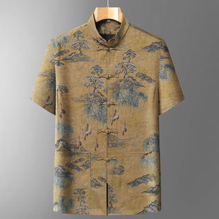 High-End Tang Suit Summer Short-Sleeved Thin Small Stand-Up Collar Dad Suit Chinese Tang Suit Shirt Middle-Aged and Elderly Chinese Style