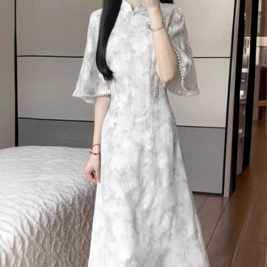 Matcha 2024 Summer New Style Fresh and Elegant Modified Cheongsam Long Dress for Everyday Wear and Youth