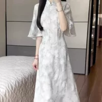 Матча 2024 летом новая свежая элегантность улучшенный темперамент cheongsam длинное ежедневное молодое платье