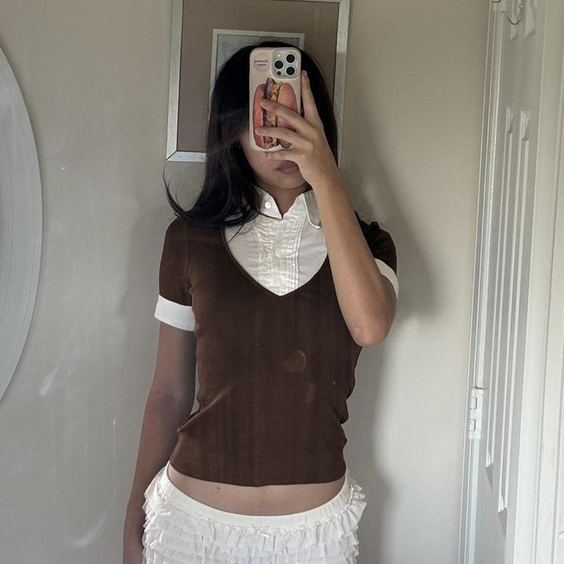 ins欧美跨境女装批发时尚辣妹假两件翻领风琴褶修身短袖T恤上衣批|undefined