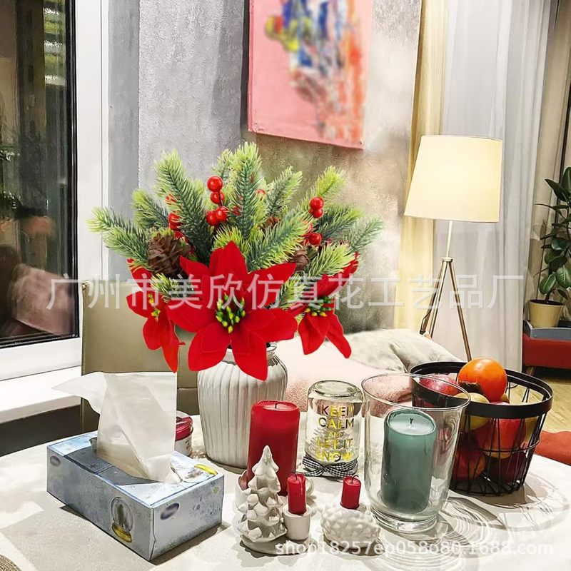 亚马逊圣诞花束仿真绿植装饰红浆果松针插花家居节日氛围装饰假花|undefined