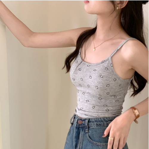 Hot girl style smiley face print backless camisole sexy strappy padded outer wear slim fit midriff-baring inner layering shirt