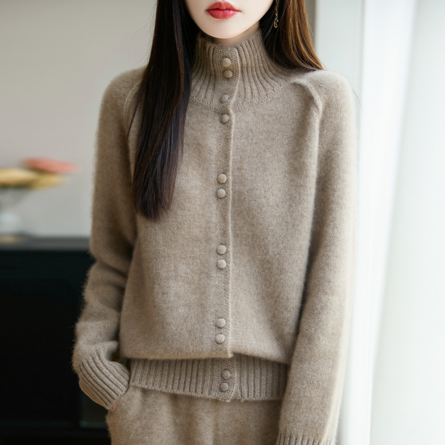 Heavy Weightweight Thickeneded 100% Pure Wool Cardigan Women's Half Turtleneck Knitted Sweater Loose Lazy Warm Base Jacket