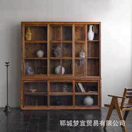 诧寂风老榆木餐边柜玻璃推拉落地储物柜红酒展示柜民宿酒店装饰柜