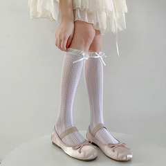 Summer and Spring Thin Japanese Style Soft Girl Lace Edge Mesh Hole Butterfly Knot Cream White Sweet Mid-Calf Socks