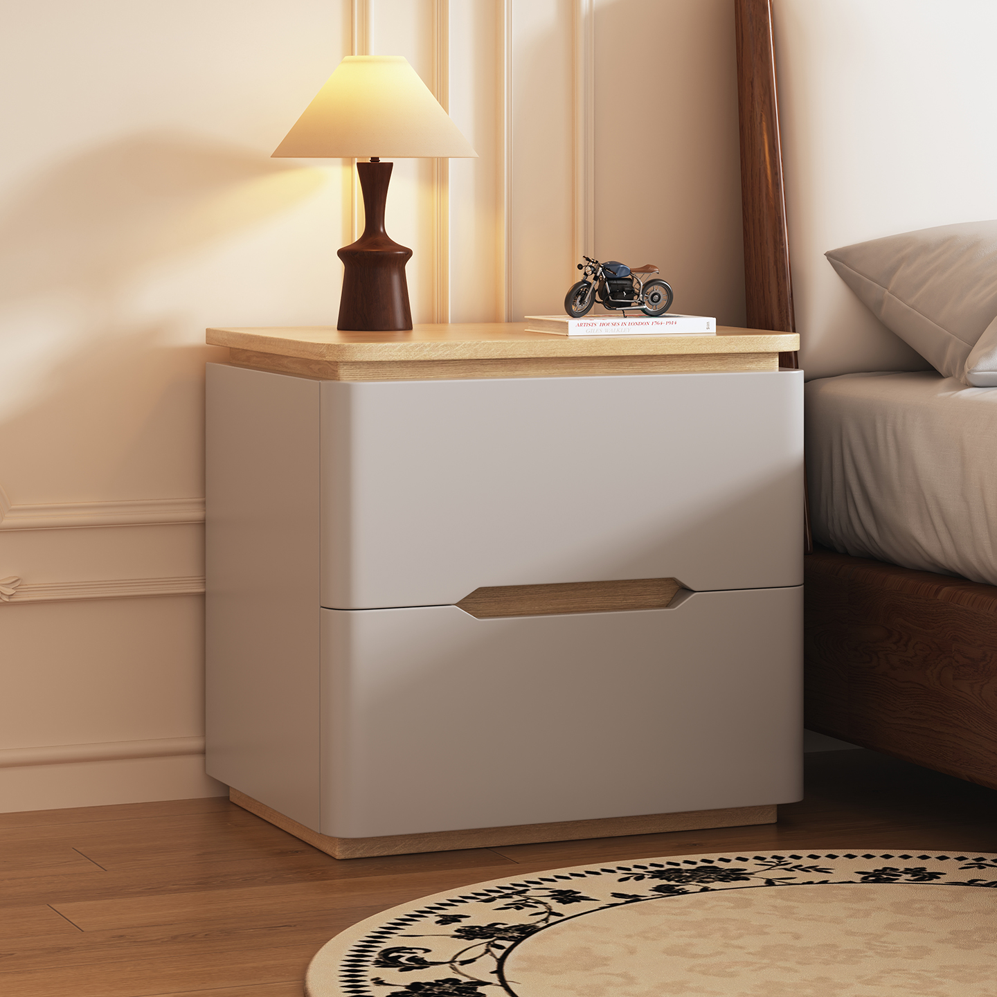 Madera de madera crema de viento cabecera dormitorio doméstico 2026 nuevo estilo de lujo ligero de madera maciza pequeño gabinete de almacenamiento junto a la cama