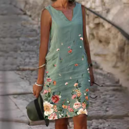 in stock new cross-border AliExpress amazon wish hot fashion v collar printed a sleeveless linen dress