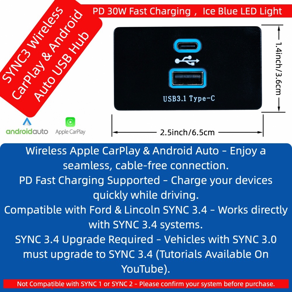 Suitable for All Ford Models Sync3 Wireless Carplay Usb+Type-C Apple Carp Accessories