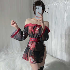 瑰美姿情趣内衣性感露肩一字肩日系和服透视开衫制服装角色扮演女