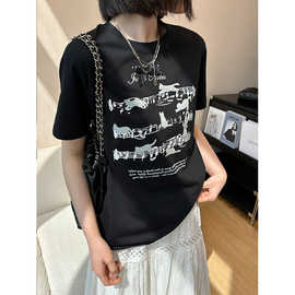 南鱼 现货~韩代东大门少女感乐谱印花蝴蝶结百搭简约短袖T恤女夏