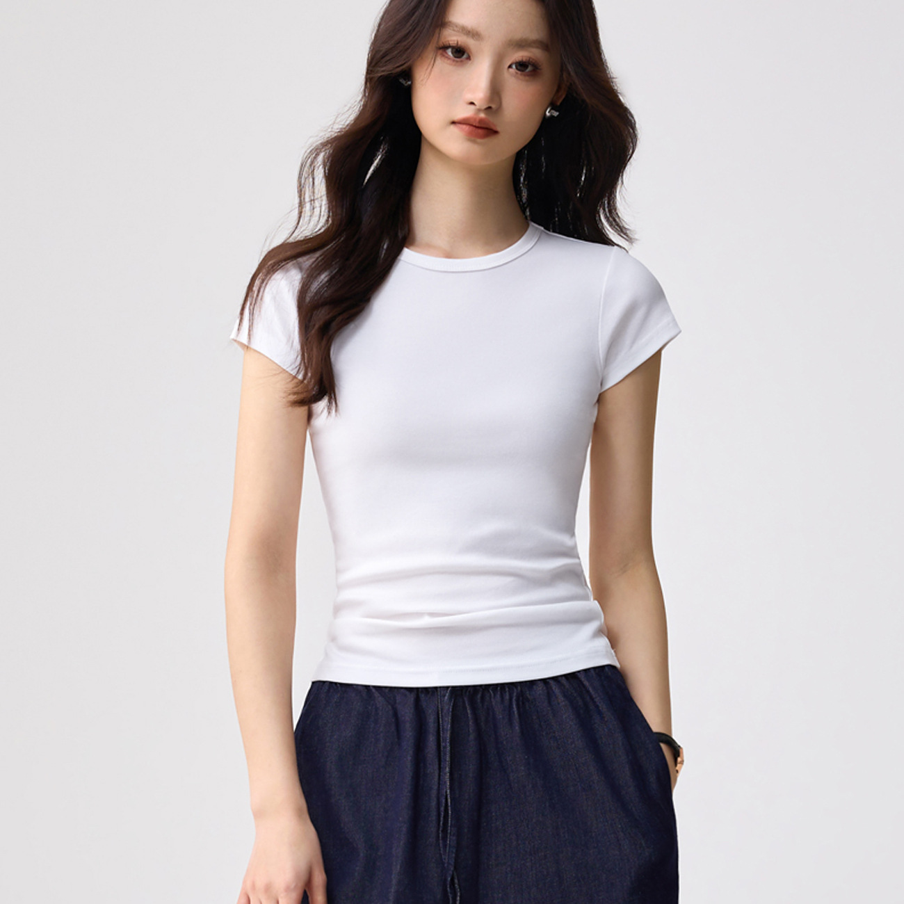 40-Count Combed Pure Cotton Small Round Neck Base Shirt T-Shirt for Women, Short-Sleeved, New Summer Style, Simple and Versatile, Slim Fit Top