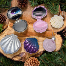 玻璃海贝壳镜子扇形珍珠贝壳双面镜创意梳镜套装彩镀美人鱼折叠镜