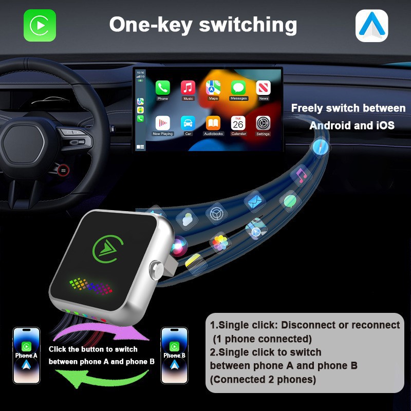 CarPlay box upgraded version with one-click ambient light switching, wired to wireless, Android two-in-one car adapter