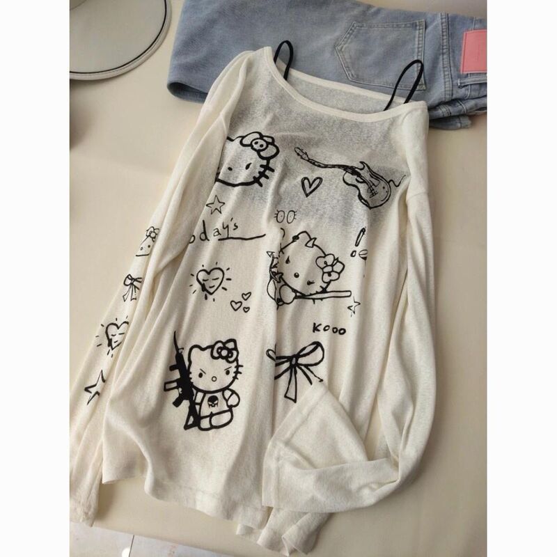Cute Cartoon Kt Cat Round Neck Long-Sleeved T-Shirt for Women Summer Thin Style Lazy Style Loose Slimming Look Sun Protection Top Blouse
