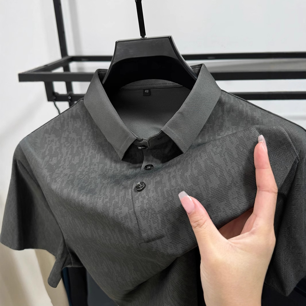 Fashionable Summer Seamless Ice Silk Lapel Polo Shirt Men's Business Casual Short-Sleeved T-Shirt Breathable High-End Middle-Aged Men's Clothing