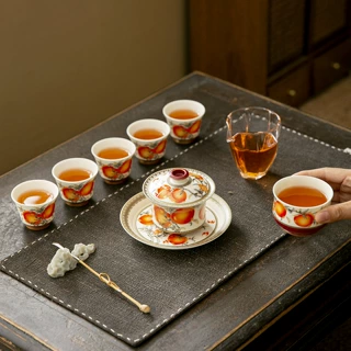 九桃五福陶瓷茶具套装高档盖碗茶杯一整套泡茶功夫茶具套装礼盒装